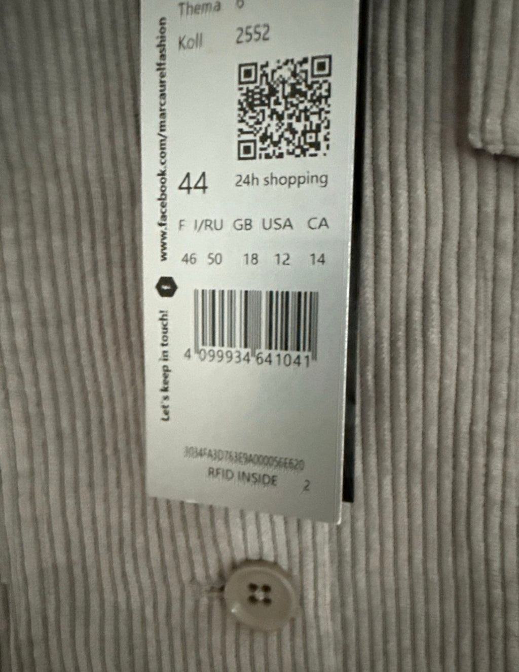 Marc Aurel Cordjacke – Gr. 44 – Hellgrau – Neu mit Etikett
