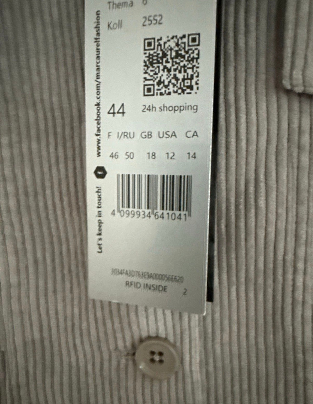 Marc Aurel Cordjacke – Gr. 44 – Hellgrau – Neu mit Etikett