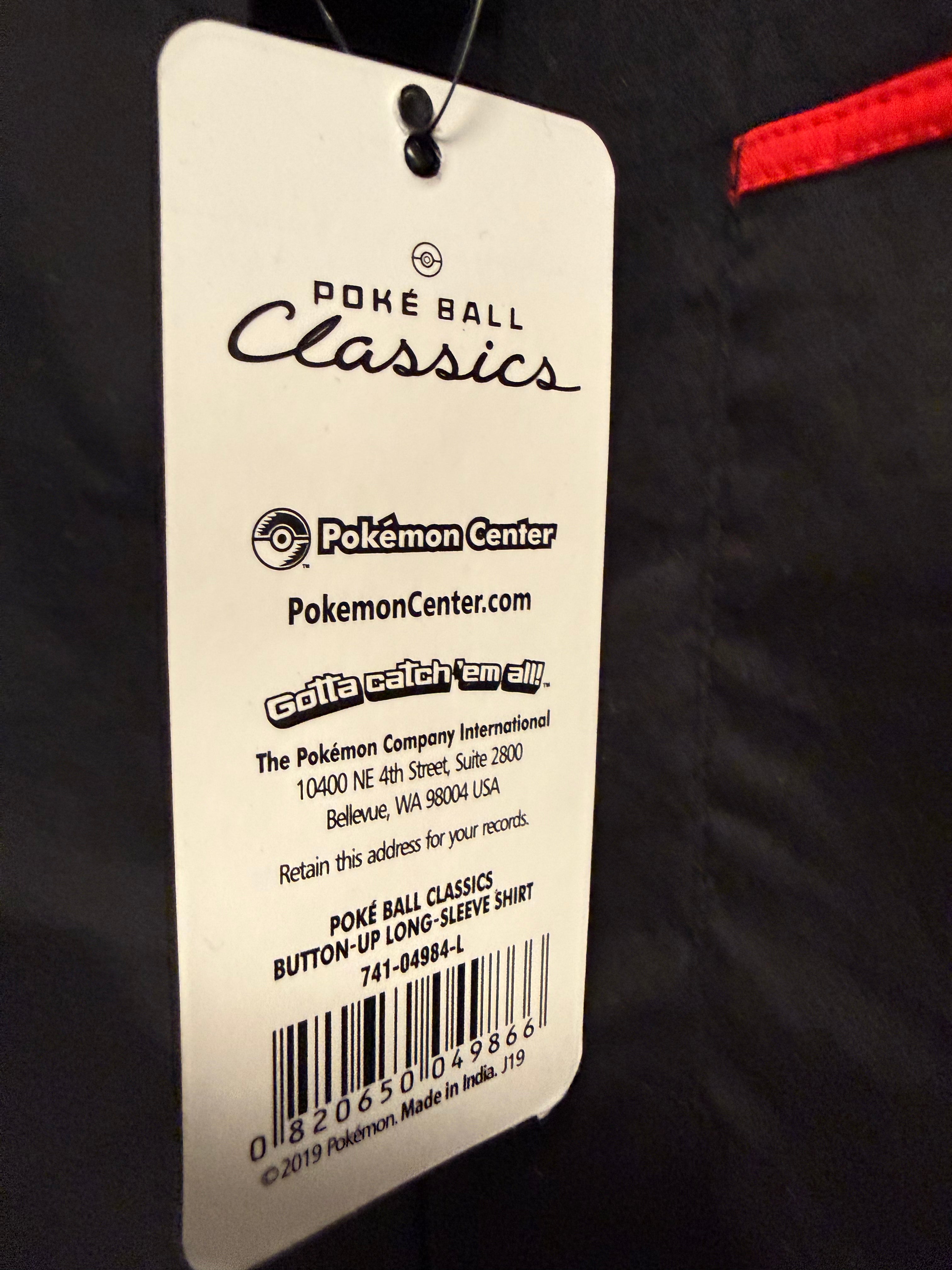 Pokémon Center Poké Ball Classics Hemd Herren Gr. L Schwarz Langarm Button-Up Neu mit Etikett NWT