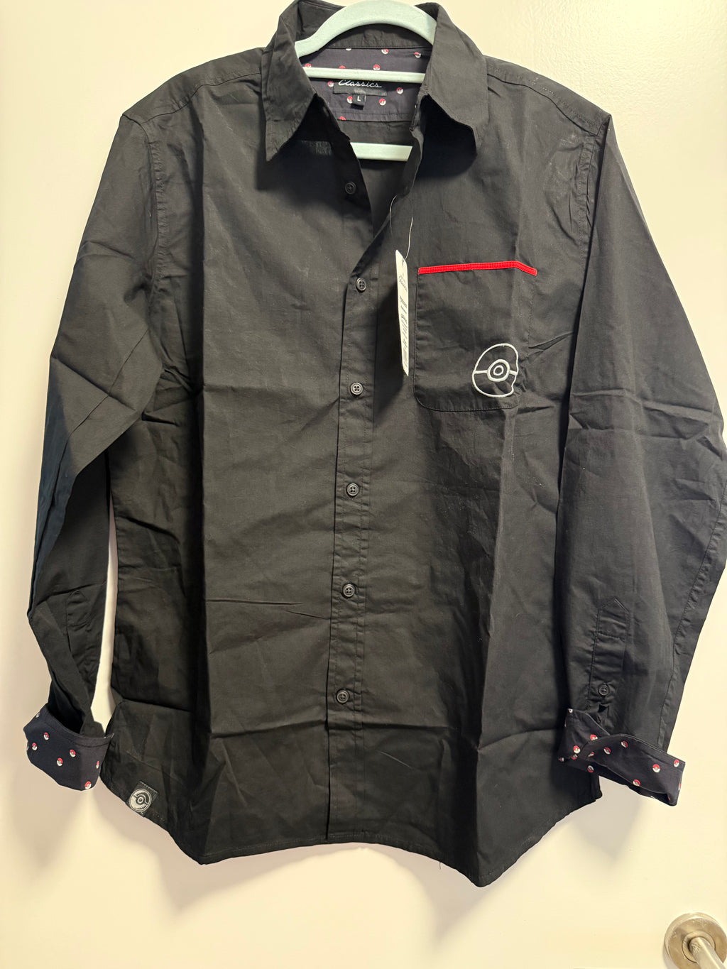 Pokémon Center Poké Ball Classics Hemd Herren Gr. L Schwarz Langarm Button-Up Neu mit Etikett NWT