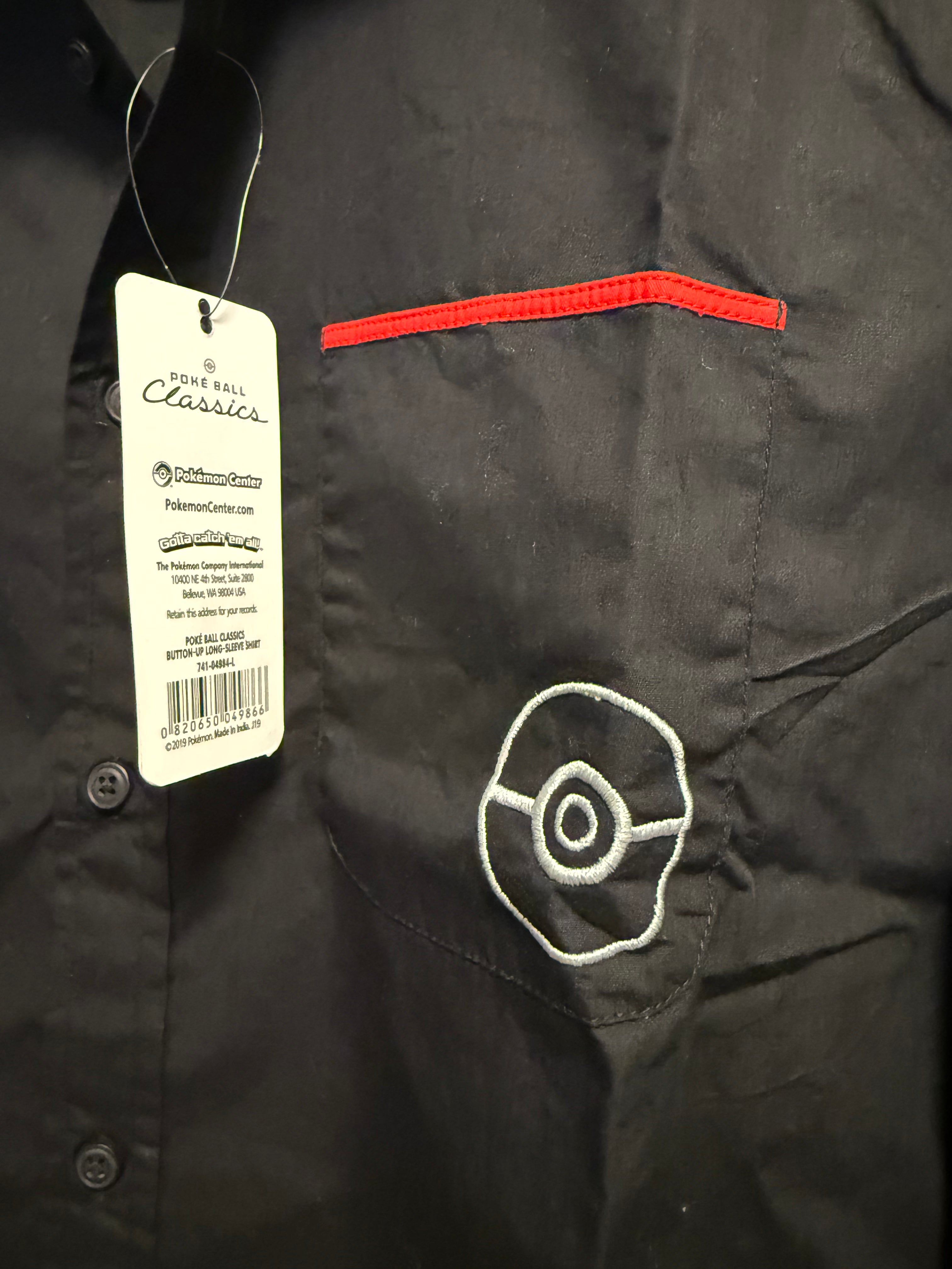 Pokémon Center Poké Ball Classics Hemd Herren Gr. L Schwarz Langarm Button-Up Neu mit Etikett NWT